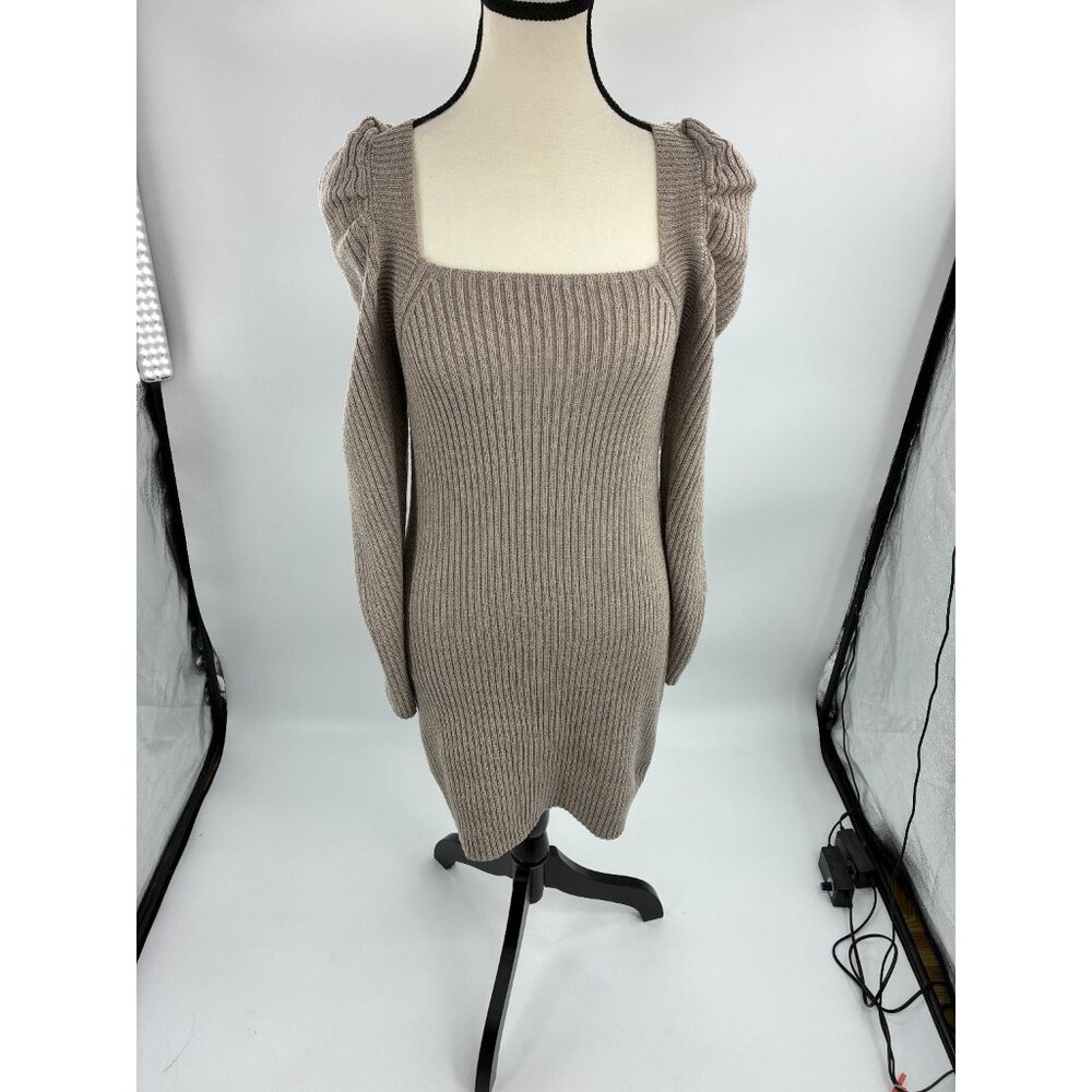 Promesa Sweater Dress Womens Size M Taupe Long Sleeve Square Neck Puff Shoulder